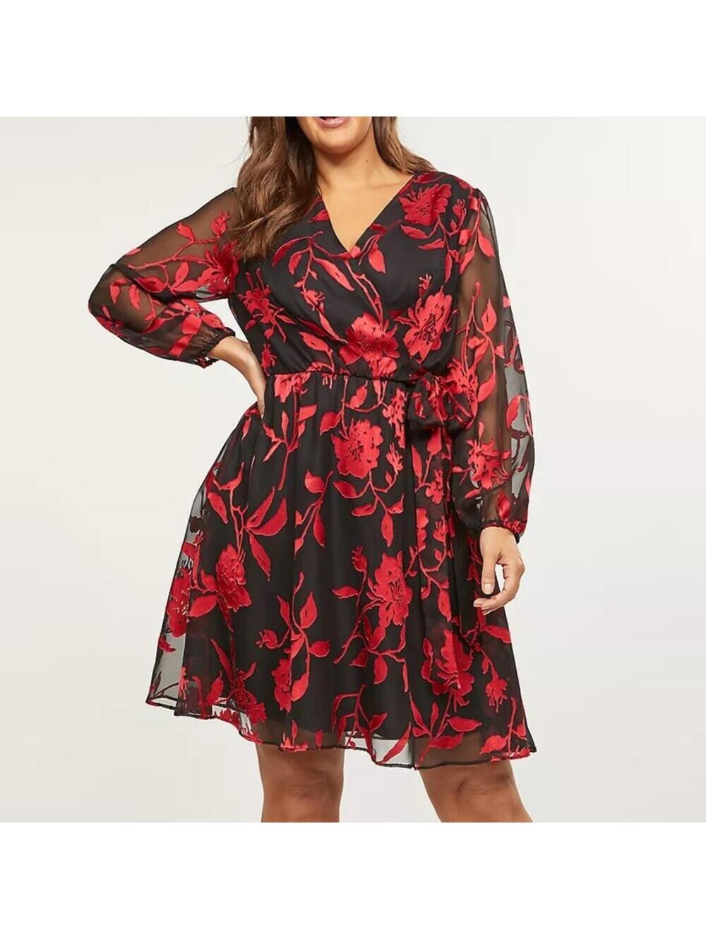 Lane Bryant Chiffon Faux Wrap Midi Dress 14 NWT Black Red Floral Long Sleeve NEW